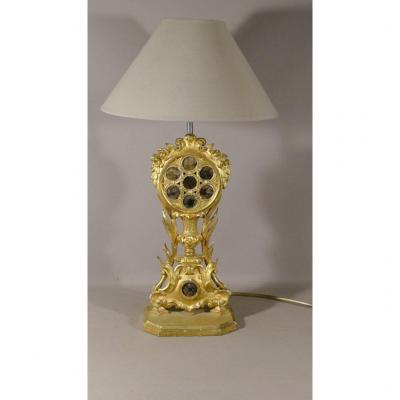 XVIIIth Lamp, Carved Wood Gilded With Leaf, Semi Precious Stones, Monstrance Style