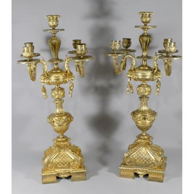 Pair Of Candelabra, Candlesticks With Lion Mufles, Louis XVI Style, Napoleon III