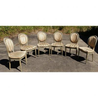 6 Louis XVI Style Chairs In Gray Green Painted Beech, Mid-20th Century