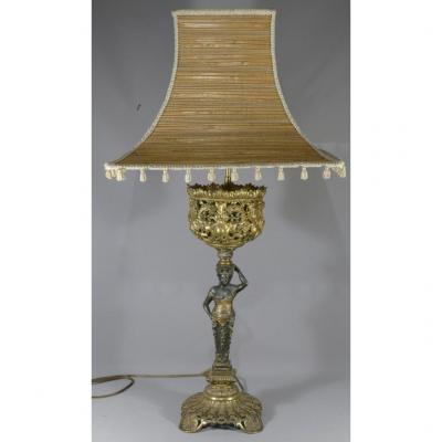 Large Metal Lamp, Draped Woman, Late Nineteenth Time