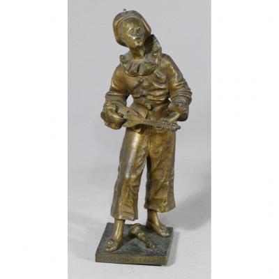 Bronze Sculpture, Pierrot Au Clair De La Lune, Signed Bouret, XIX