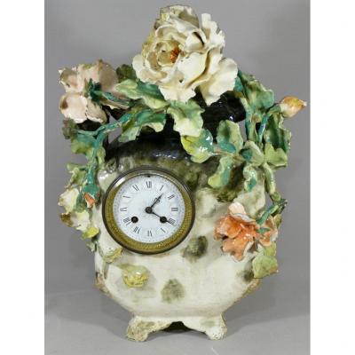 Pendulum In Faience Barbotine With Flowers, Impressionist Ceramic, Montigny Sur Loing