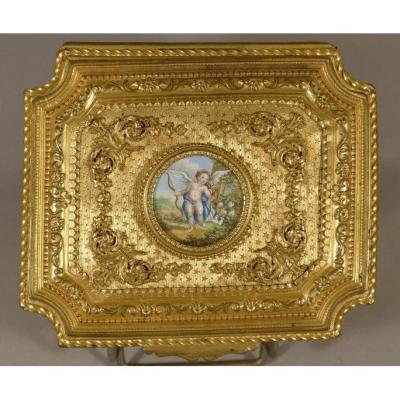 Box Box Gilt Bronze Chiseled And Guilloché, Miniature On Ivory Angelot, Early XIXth
