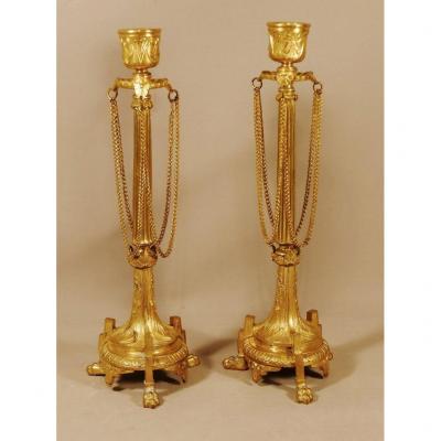 Pair Of Napoleon III Candlesticks In Gilt Bronze With Lion's Paws, XIX