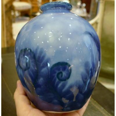 Camille Tharaud, Art Deco Vase With Blue Ferns, Limoges Porcelain