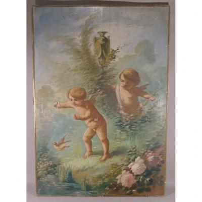 Table, Oil On Wood, Playing Putti And The Bird, Around 1900