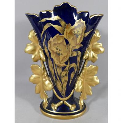Limoges, Blue Oven And Gold Porcelain, Tulip Vase, Michelaud Manufacture, Early Twentieth