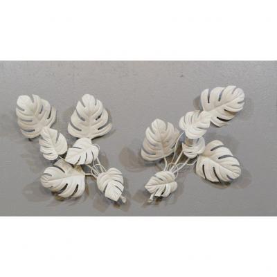 Pair Of Large Wall Lamps Monstera Leaves Painted, Design 60-70s 