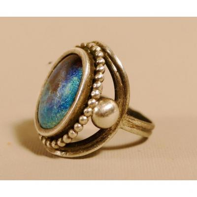 Art Deco Ring Sterling Silver And Limoges Enamel, Size 49