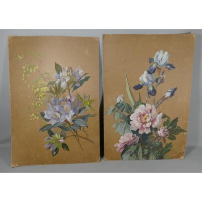 Pair Of Gouaches Painted With Flowers, Signed And Dated 1900