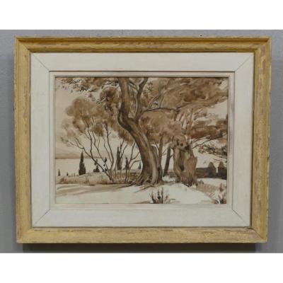 Emile Beaume, Le Golfe De St Florent In Corsica, Lavis And Watercolor