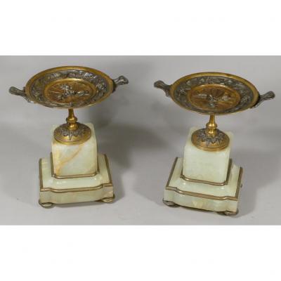 Pair Of Casserole Cups With Insects And Bindweed In Gilt And Silver Bronze, Onyx Base, XIX