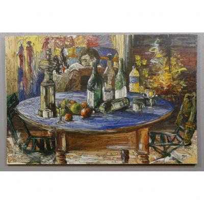 Large Still Life Modern School Oil And Felt On Canvas, Signed Mile