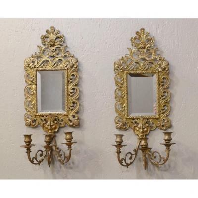 Pair Of Large Napoleon III Mirror Wall Lights In Bronze, Lily Flowers And Mascarons