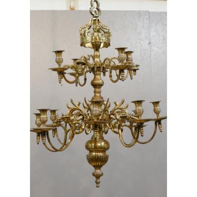 Important Louis XIII Style Chandelier With Crown With 12 Lights, Bronze, XIXth Time