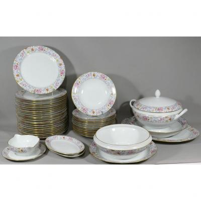 Porcelain Table Service With Floral Decor, 43 Pieces, Limoges Mid XXth