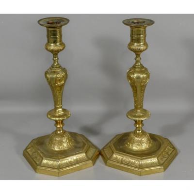 Pair Of Louis XIV Style Candlesticks In Gilt Bronze With Figures Of Roman Emperors, XIX