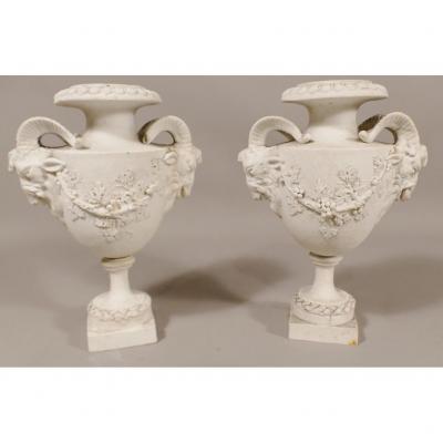 Pair Of Vases With Rams Heads And Vine Garlands, Biscuit Eighteenth Century