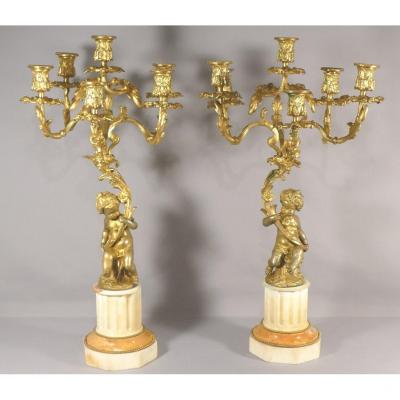 Pair Of Candelabra With Loves In Gilt Bronze And Clodion Marble, Napoleon III Period