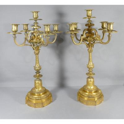 Pair Of Candelabra, Regency Style Candlesticks In Gilt Bronze, XIXth Time