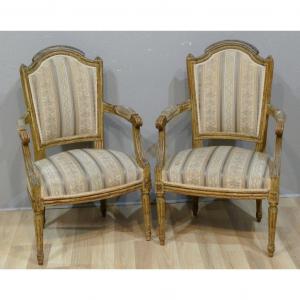 Pair Of Louis XVI Armchairs In Cabriolet, Lacquered Wood, XIX
