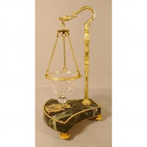 Empire Style Night Light In Gilt Bronze, Green Marble And Crystal, XIXth Time