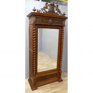 Louis XIII Renaissance Style Castle Ice Cabinet, Solid Oak, XIX