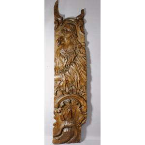 Large 17th Century Carved Wood Panel, Woman And Acanthus