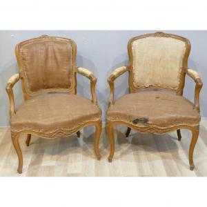 Pair Of Large Louis XV Period Armchairs, In Carved Oak, Eighteenth Century