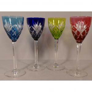 Saint Louis Chantilly, 4 Large Rhinestone Wine Glasses In Colored Crystal Cut Double Layer