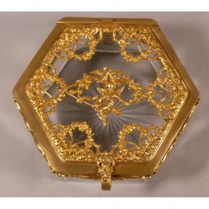 Box, Crystal Box And Gilded Brass Frame With Angelot And Doves, XIX