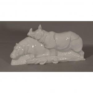 Group With African Animals In Limoges Porcelain, Hippopotamus, Rhinoceros And Crocodile