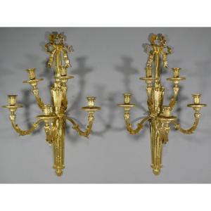 Raingo, Pair Of Louis XVI Castle Wall Lights In Gilt Bronze, 77 Cm High, XIX