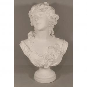 Georges Levy, Bust Of A Young Woman With Vine Branches, XIXth Porcelain Biscuit