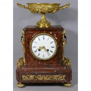 Raingo Frères, Pendulum In Gilt Bronze And Red Marble, Napoleon III Period