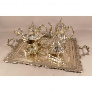 Tea And Coffee Service In Silver Metal With Tray, Gallia And Wmf, Late Nineteenth Time