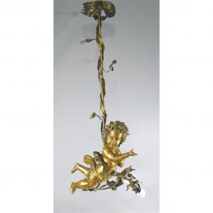 Cherub Chandelier In Golden Wood And Brass Louis XVI Style, Early 20th Century