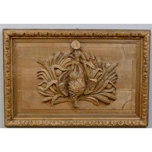 Woodwork Panel With Carved Pheasant, Game Hunting Trophy, XIX