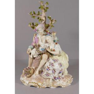 Galante Scene Group With Shepherds In Samson Porcelain, Saxony Or Meissen, XIXth