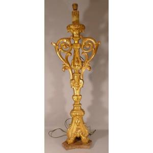 Very Large Lamp, 18th Century Floor Lamp In Carved And Gilded Wood, Pique Candle Louis XIV