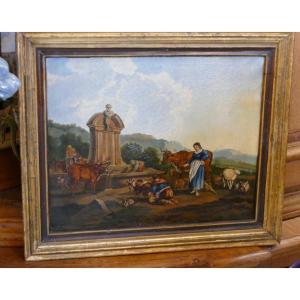 Shepherdesses And Animals At The Fountain, Oil Painting On Canvas End XVIII
