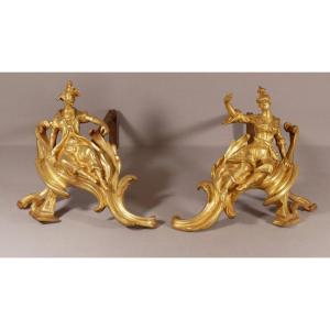 Pair Of 18th Century Andirons In Gilt Bronze, Louis XV, Woman And Man, In The Taste Of China