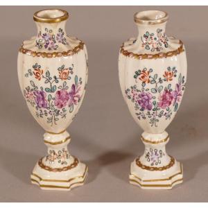 Pair Of Small Hand Painted Porcelain Vases Of Flowers, XIXth Time