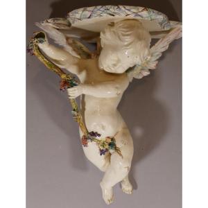 Large Console With Cherub In Glazed Earthenware, XIXth Time