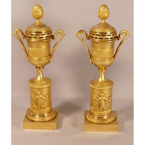 Pair Of Cassolettes Forming Candlesticks In Gilt Bronze Empire Style, Jollet Et Cie