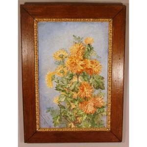 Les Dahlias, Table Large Hand Painted Porcelain Plate Dated 1890, L Vernet Lavigne