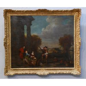 The Music Lesson On The Terrace, Oil On Canvas XVIII, Carved Oak Frame