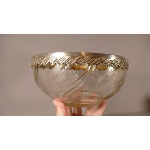 Crystal Salad Bowl Engraved With Flowers And Foliage, Circled Silver Metal, XIX