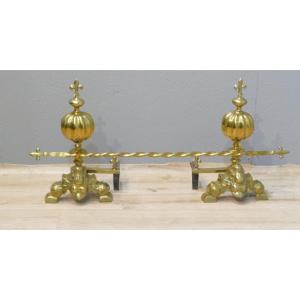 Pair Of Andirons With Marmosets And Lily Flowers In Gilt Bronze, XIXth Time