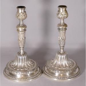 Pair Of Silver Bronze Candlesticks Louis XVI Style, Early XIXth Time